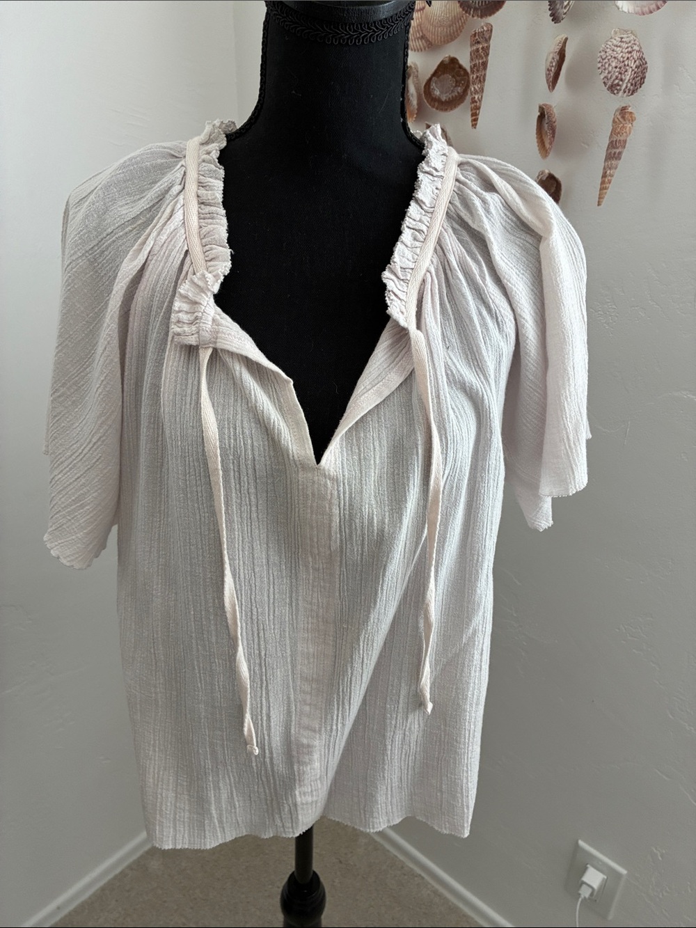 Lilla P Pale Pink Gauze Peasant Blouse with Tie Neck